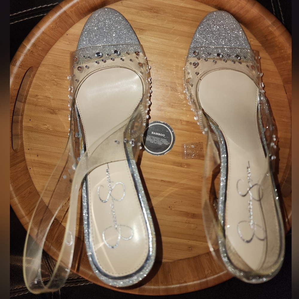 Jessica Simpson Silver Glitter and Clear D'Orsay Pumps